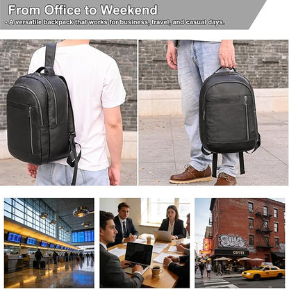Large Capacity Black Leather Backpack for Men, 15.6 Inch Genuine Leather Laptop Backpack Business Travel Shoulder Daypacks