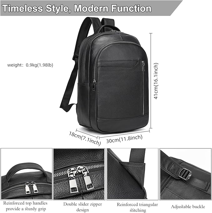 Large Capacity Black Leather Backpack for Men, 15.6 Inch Genuine Leather Laptop Backpack Business Travel Shoulder Daypacks