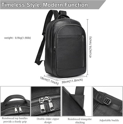 Large Capacity Black Leather Backpack for Men, 15.6 Inch Genuine Leather Laptop Backpack Business Travel Shoulder Daypacks