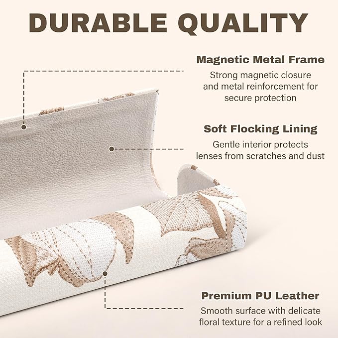 PU Leather Hard Shell Glasses Case, Floral Design Metal Frame, Portable Eyeglass Cases with Cleaning Cloth