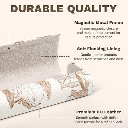 PU Leather Hard Shell Glasses Case, Floral Design Metal Frame, Portable Eyeglass Cases with Cleaning Cloth