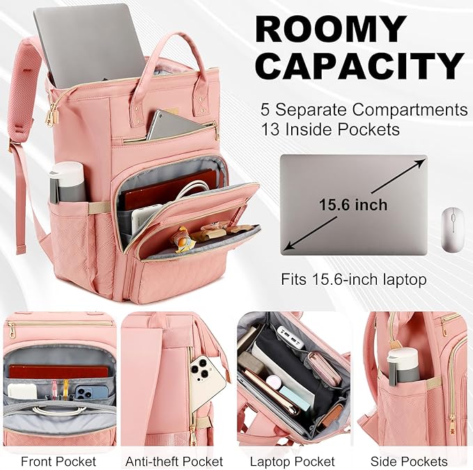 Lunch Backpack, 15.6 inch Laptop Backpack with Insulated Lunch Bag, Backpack Cooler for Women, Large Travel Backpack Lunch Box Compartment, Work Computer Backpack, Teacher College Book Bag, Pink