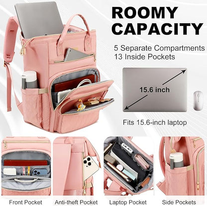 Lunch Backpack, 15.6 inch Laptop Backpack with Insulated Lunch Bag, Backpack Cooler for Women, Large Travel Backpack Lunch Box Compartment, Work Computer Backpack, Teacher College Book Bag, Pink