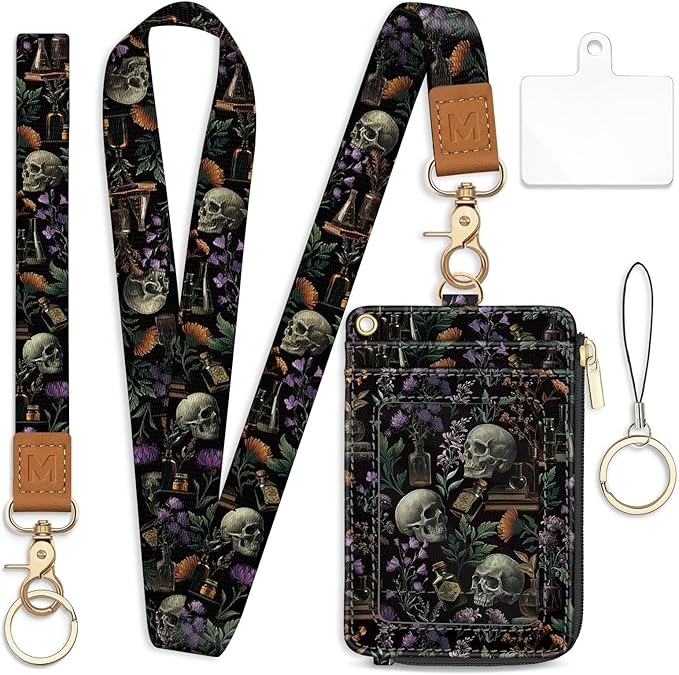 Lanyard Wallet with Id Badge Holder, Goth Skull RFID Small Keychain Wallet Women Wristlet, Book Zipper Credit Card Holder Phone Wrist Neck Strap for Key Name Tag, Teacher Student Office Gifts