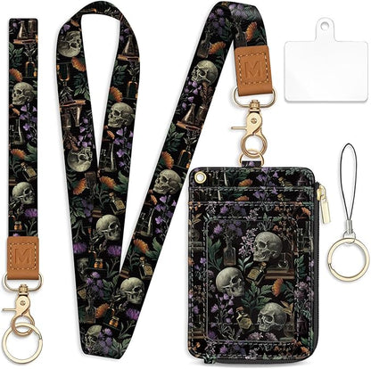 Lanyard Wallet with Id Badge Holder, Goth Skull RFID Small Keychain Wallet Women Wristlet, Book Zipper Credit Card Holder Phone Wrist Neck Strap for Key Name Tag, Teacher Student Office Gifts