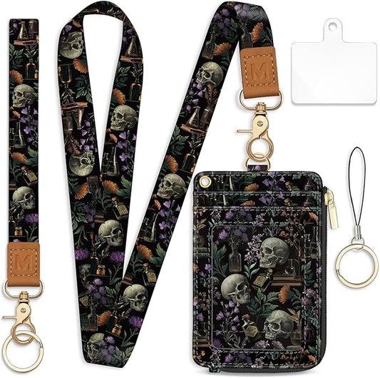 Lanyard Wallet with Id Badge Holder, Goth Skull RFID Small Keychain Wallet Women Wristlet, Book Zipper Credit Card Holder Phone Wrist Neck Strap for Key Name Tag, Teacher Student Office Gifts