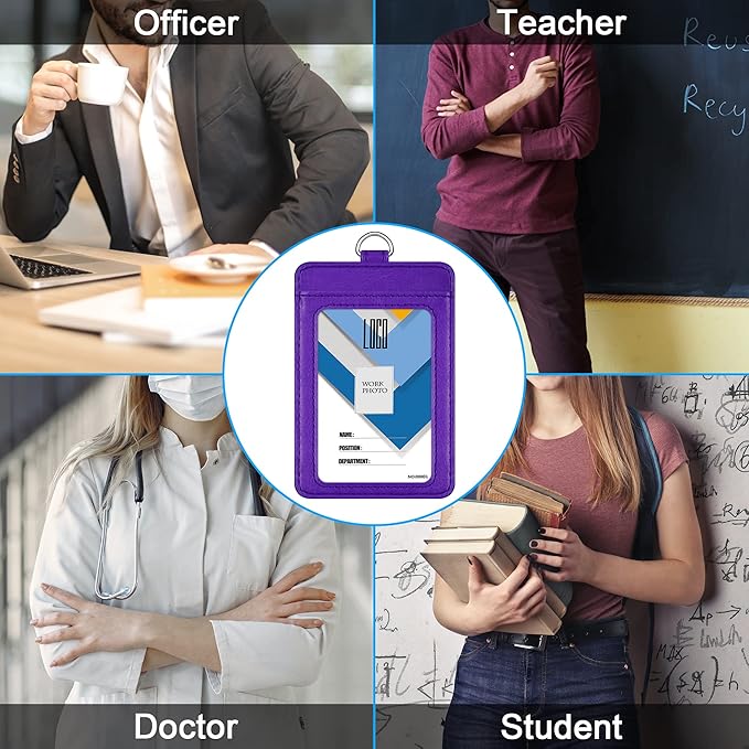 Badge Holder, Wisdompro School Supply 2-Sided PU Leather College ID Badge Card Holder Wallet Case with 1 Clear ID Window and 1 Credit Card Slot and 22 Inch Detachable Neck Lanyard - Purple (Vertical)