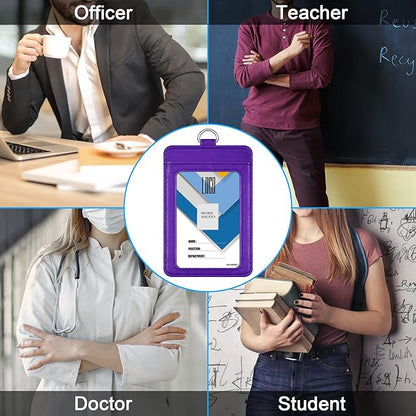 Badge Holder, Wisdompro School Supply 2-Sided PU Leather College ID Badge Card Holder Wallet Case with 1 Clear ID Window and 1 Credit Card Slot and 22 Inch Detachable Neck Lanyard - Purple (Vertical)