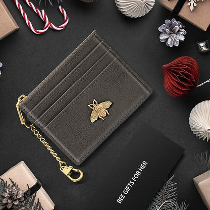 SEAVILIA Card Holder Keychain Wallet for Women with ID Window RFID Coin Purse Bee Gifts Slim Minimalist Small Wallet