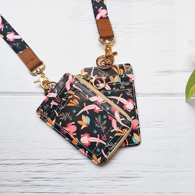 bolimoss Lanyard with Wallet,Zip ID Case with Lanyard,Lanyard Badge Holder,Lanyard Wallet for Women,Fashion Lanyard Wallet, ID Case Wallet with Lanyard（Axolotl）