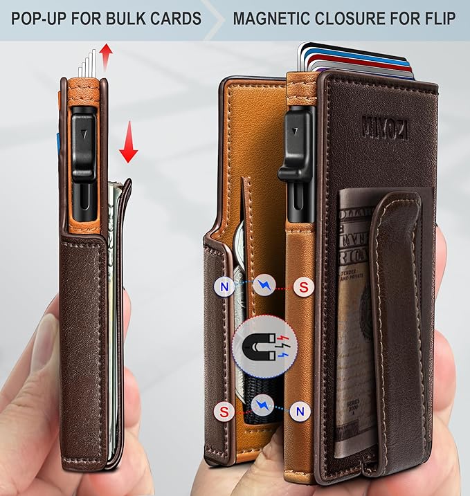 miyozi Wallet for Men, Magnetic Minimalist Slim Wallet with Pop Up Card Holder, 9 Cards RFID Blocking Metal Credit Card Case, Leather Wrapped Money Clip, ID Window & Small Item Slot, Gift Boxed