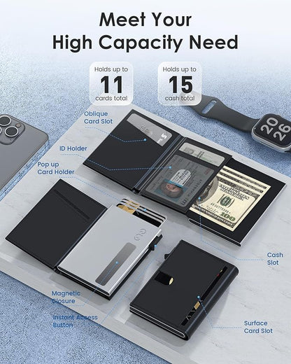 QLD Mens Wallet Card Holder - RFID Blocking Wallet for Men, Pop Up Aluminum Case, Trifold, Leather, Smart, Slim, Minimalist, Front Pocket - 9-11 Card Capacity | ID Window | Cash Slot