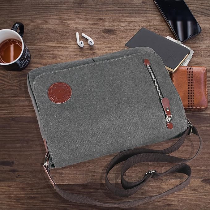 Mactso Vintage Canvas Messenger Bag for Men Women, 13.5 Inch Laptop Satchel Shoulder Bag with Multiple Pockets, Crossbody Bag for Work Travel College (Grey)