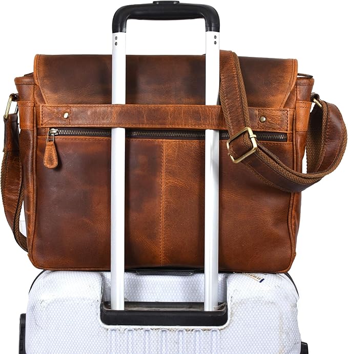16" Crossbody Bag Leather Laptop Messenger Bag For Men with trolley sleeve for school office (Caramel)