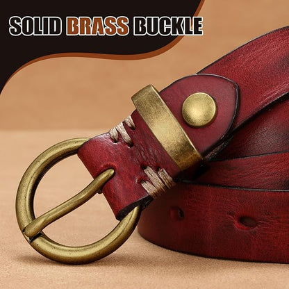 SANSTHS Womens Genuine Leather Belts for Jeans Pants Trendy Vintage Thin Leather Belt Gold Buckle Ladies Skinny Waist Belt