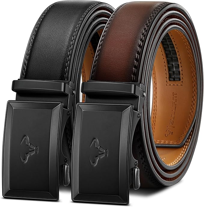 BULLIANT Men Belt 2Pack-Ratchet Leather Belt Adjsutable For Jeans Dress Casual Pant 1 3/8"- Cut For Fit