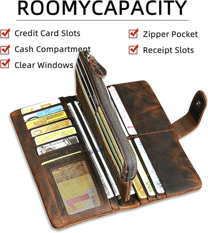 Genuine Crazy Horse Leather Travel Gift Coin Pocket Card Case Long Organizer Chain Rfid Wallet Purse With Snap For Men Male 1803 1815 (1803B-Brown)