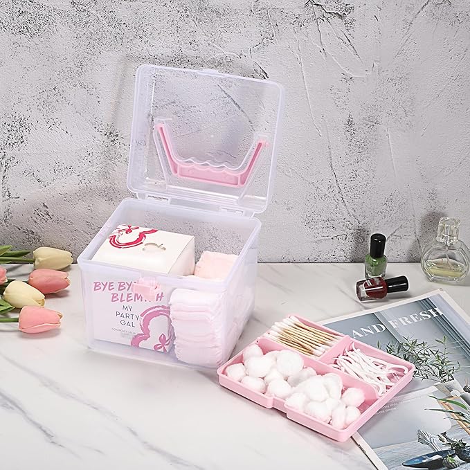 BTSKY Multipurpose Plastic Craft Storage Containers with Removable Tray, Clear Plastic Storage Box with Lid & Handle, Easy Carry & Stack Small Storage Container, 6.3x5.6x6.3 Inch, Square-Pink