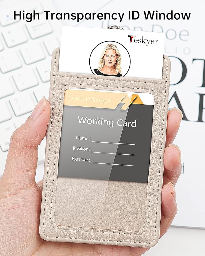 Teskyer Badge Holder with Lanyard, Leather ID Name Badge Card Holder with Lanyard for ID Badges, Vertical, Lychee Pattern Beige