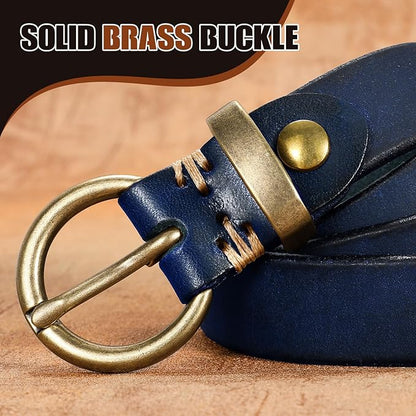 SANSTHS Womens Genuine Leather Belts for Jeans Pants Trendy Vintage Thin Leather Belt Gold Buckle Ladies Skinny Waist Belt