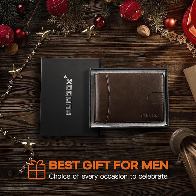 RUNBOX Slim Wallet for Men Genuine Leather RFID Blocking Bifold Minimalist Front Pocket Mens Wallet with Money Clip Thin Gift Box