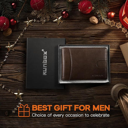 RUNBOX Slim Wallet for Men Genuine Leather RFID Blocking Bifold Minimalist Front Pocket Mens Wallet with Money Clip Thin Gift Box
