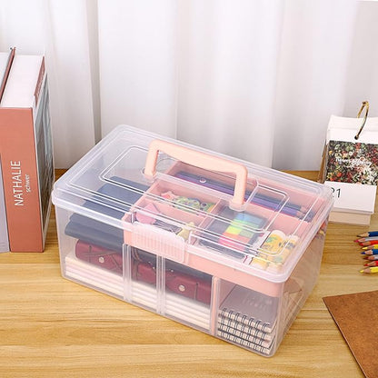 BTSKY 2 Layer Clear Plastic Dividing Storage Box with Removable Tray Multipurpose Stationery Storage Box with Handle Portable Sewing Boxes Art Craft Supply Organizer Home Utility Box(Big Pink)