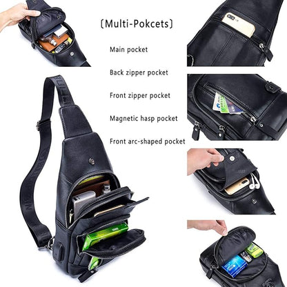 BULLCAPTAIN Leather Sling Bag Mens Chest Bag Casual Shoulder Crossbody Bags Travel Hiking Backpacks Daypack with USB Charging Port (Black)