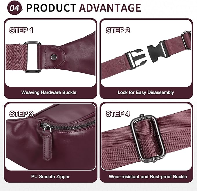 Faux Leather Belt Bag for Men, Crossbody Sling Bag with Adjustable Strap, Back Zipper Pocket, Large Capacity Waist Pack for Travel, Work, Every, Purple