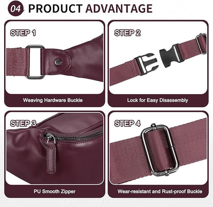 Faux Leather Belt Bag for Men, Crossbody Sling Bag with Adjustable Strap, Back Zipper Pocket, Large Capacity Waist Pack for Travel, Work, Every, Purple