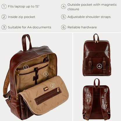 Time Resistance Leather Backpack for Men and Women - Laptop Bag up to 15” - Brown Business Rucksack