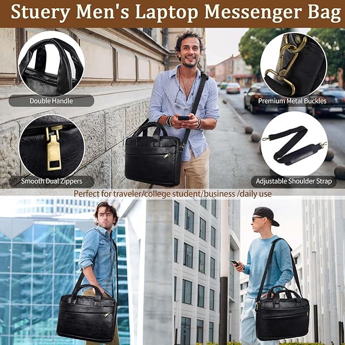 Faux Leather Messenger Bag for Men 17-17.3 Inch: Laptop Bag Briefcase Computer Handbags Shoulder Crossbody Bag with Padded Laptop Sleeve for Work College Travel, PU Black