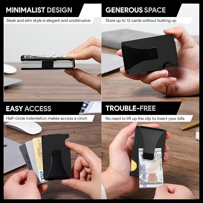 Minimalist Slim Wallet for Men,RFID Blocking Metal Wallet,Aluminum Credit Card Holder & Money Clip 12-15 Cards,Slim Rfid Front Pocket Mens Wallet,Matt Black