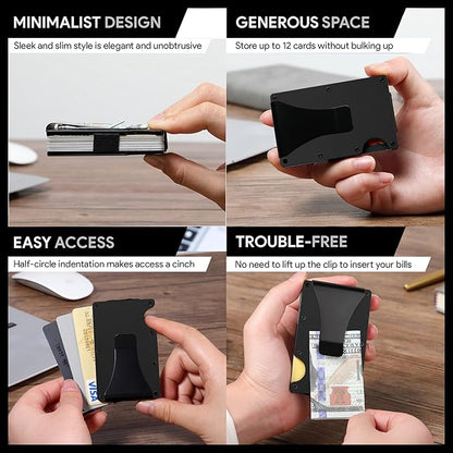 Minimalist Slim Wallet for Men,RFID Blocking Metal Wallet,Aluminum Credit Card Holder & Money Clip 12-15 Cards,Slim Rfid Front Pocket Mens Wallet,Matt Black