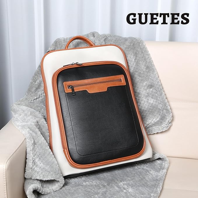 Leather Laptop Backpack, Women and Men Backpack Travel Business Work College Water Resistant Anti Theft Daypack Large fits for 15.6 inch Notebook Computer bag, Black+ Off White…