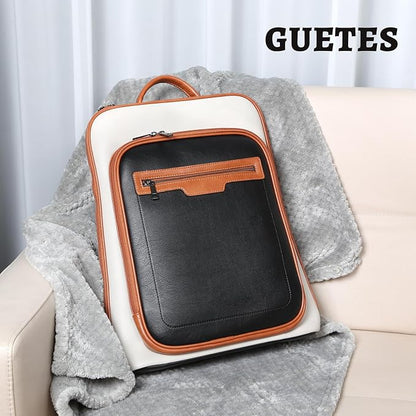 Leather Laptop Backpack, Women and Men Backpack Travel Business Work College Water Resistant Anti Theft Daypack Large fits for 15.6 inch Notebook Computer bag, Black+ Off White…