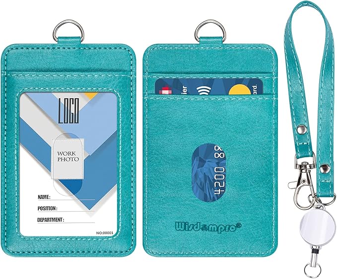 Wisdompro Badge Holder with Wrist Lanyard, 2-Sided PU Leather ID Card Holder Wallet Case with Wristlet Strap and Retractable Reel, Easy Swipe for Work, School, Metro and Access Card - Teal