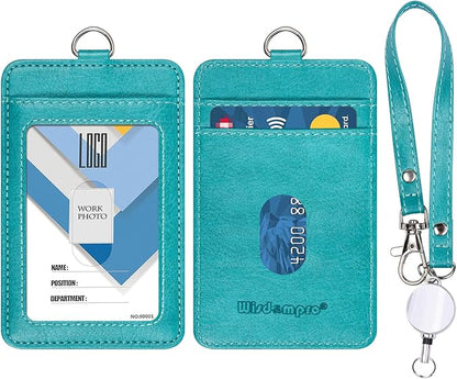 Wisdompro Badge Holder with Wrist Lanyard, 2-Sided PU Leather ID Card Holder Wallet Case with Wristlet Strap and Retractable Reel, Easy Swipe for Work, School, Metro and Access Card - Teal