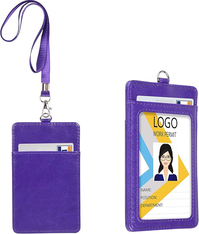 Teskyer Badge Holder with Lanyard, Leather ID Name Badge Card Holder with Lanyard for ID Badges, Vertical Purple