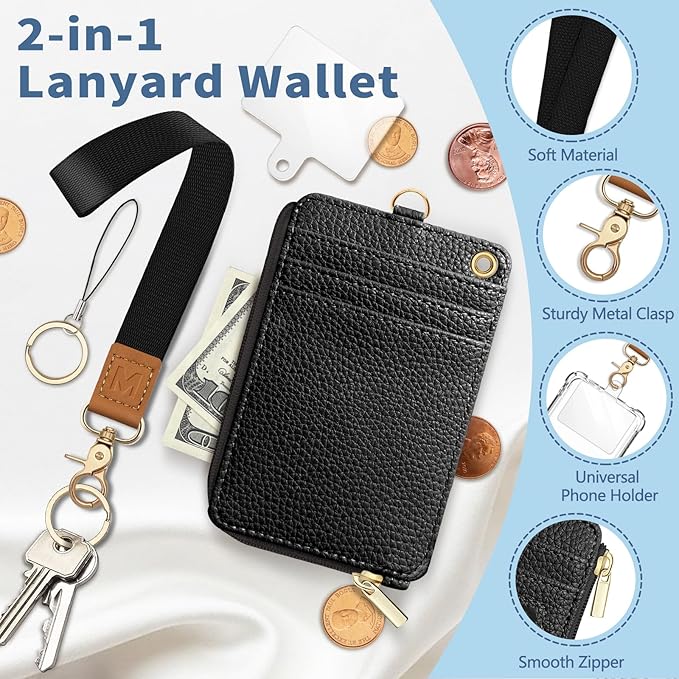 Lanyard Wallet with Id Badge Holder, Black RFID Small Keychain Wallet Women Wristlet, Minimalist Zipper Credit Card Holder Phone Wrist Neck Strap for Key Name Tag, Teacher Student Office Gift