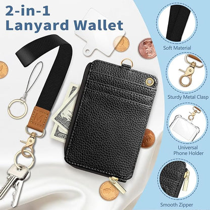 Lanyard Wallet with Id Badge Holder, Black RFID Small Keychain Wallet Women Wristlet, Minimalist Zipper Credit Card Holder Phone Wrist Neck Strap for Key Name Tag, Teacher Student Office Gift