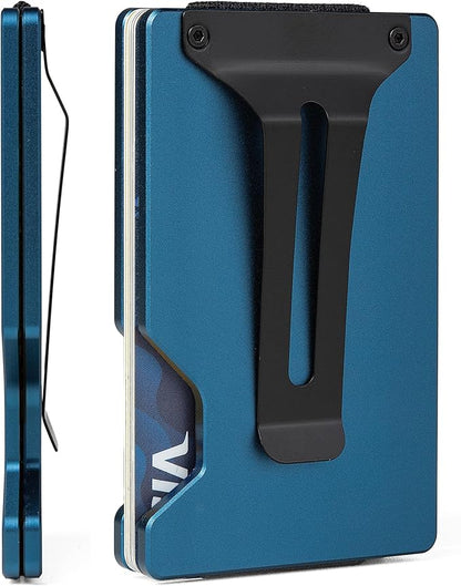 Minimalist Carbon Fiber Wallet for Men, Money Clip Cash Strap Wallet, RFID Blocking Metal Wallet Aluminum Card Holder,Front Pocket Wallet(Matte Blue)