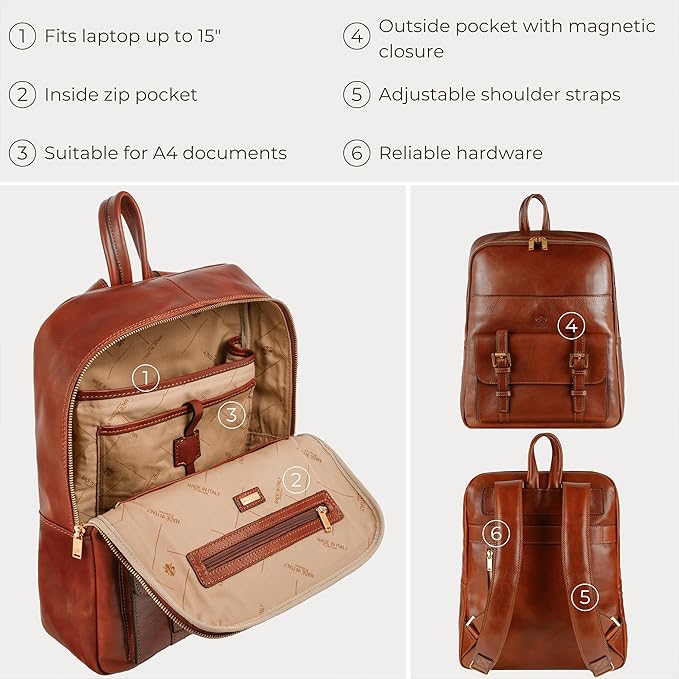 Time Resistance Leather Backpack for Men and Women - Laptop Bag up to 15” - Cognac Brown Business Rucksack