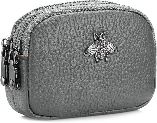 imeetu Women Leather Coin Purse, Small 2 Zippered Change Pouch Wallet