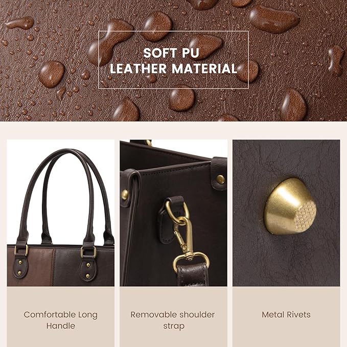 LOVEVOOK Laptop Tote Bag for Women, 15.6 Inch Large Capacity Vintage Leather Work Computer Bag, Business Casual Shoulder Handbag, Brown & Coffee