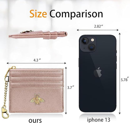 SEAVILIA Card Holder Keychain Wallet for Women with ID Window RFID Coin Purse Bee Gifts Slim Minimalist Small Wallet