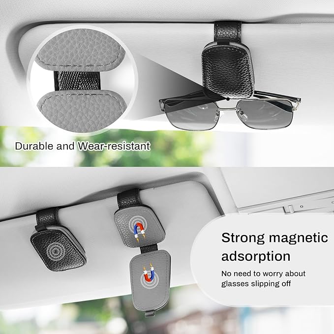 SINGARO Sunglasses Holder for Car, Leather Magnetic Buckle Sun Visor Sunglass Clip, Ticket Card Storage Glasses Clip, Car Interior Accessories for Men and Women（Black-Gray）