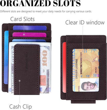 Toughergun Slim Wallet for Men RFID Blocking Money Clip, Minimalist Front Pocket Credit Card Holder, Magnetic Thin Mens Wallets with ID Window