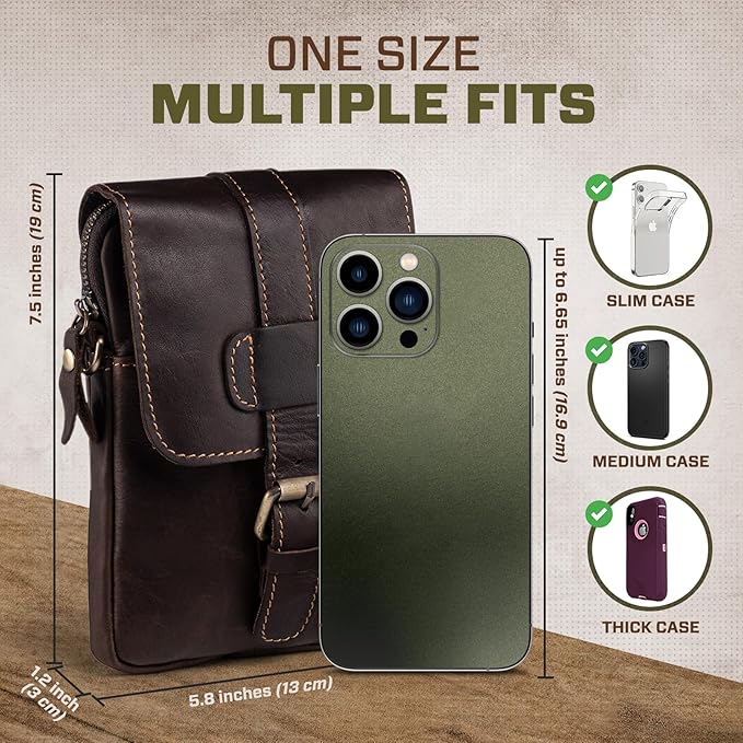 Hengwin Leather Crossbody Phone Purse for Men, Belt Pouch with Multi Pockets, Fits for 6.7" Smartphones, Small Messenger Bag Cell Phone Belt Holster Waist Bag for Travel, Hiking, Daily Use (Coffee)