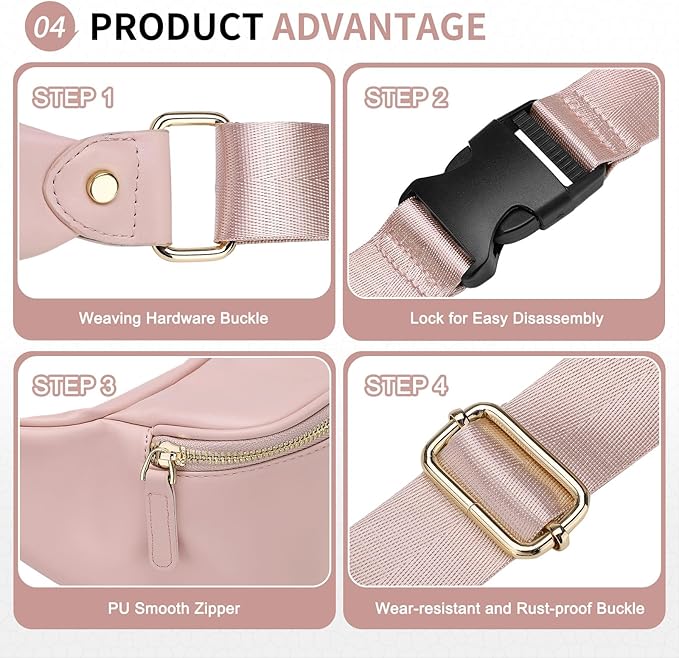 Faux Leather Belt Bag for Women, Crossbody Fanny Pack with Adjustable Strap, Back Zipper Pocket, Large Capacity Waist Pack for Travel, Concerts, Pink